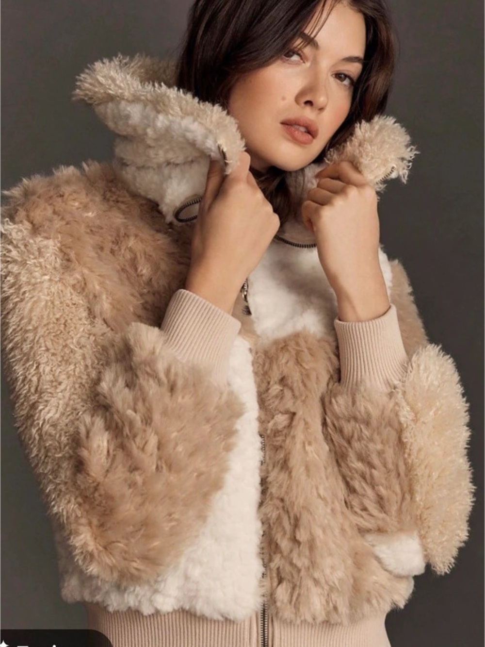 Avec Les Filles Colorblock Sherpa Bomber Jacket Brown & Cream